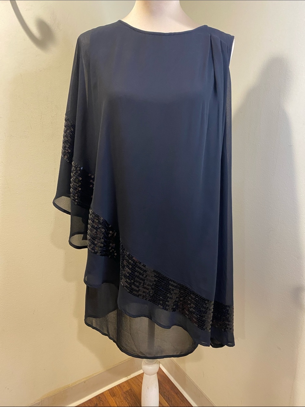 APART Elegant Black  Asymmetric Chiffon One Shoulder Dress  with Sequin Trim 0